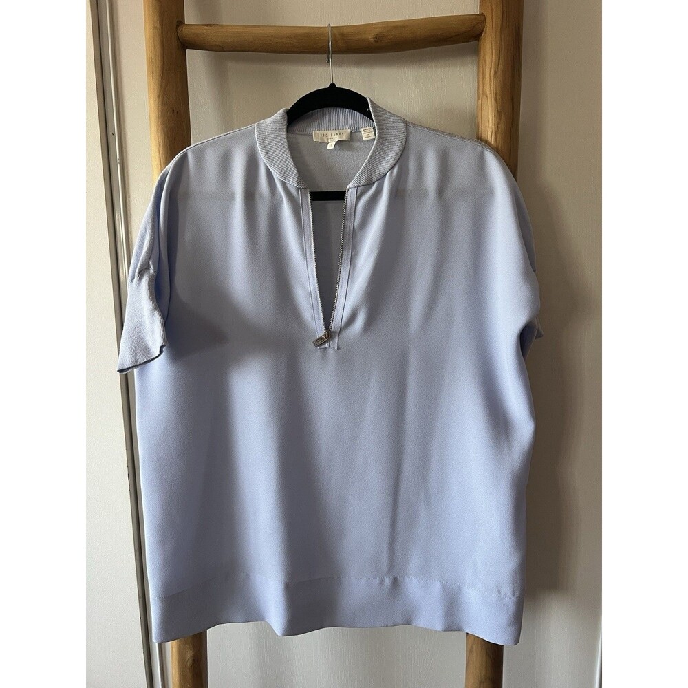 Ted Baker Light Blue Knit Mock Neck Half-Zip Short Sleeve Top Size 1